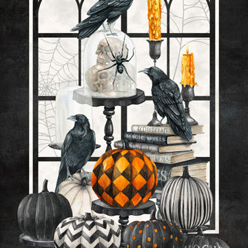 Halloween-themed design with pumpkins, candles, and crows on a black background.