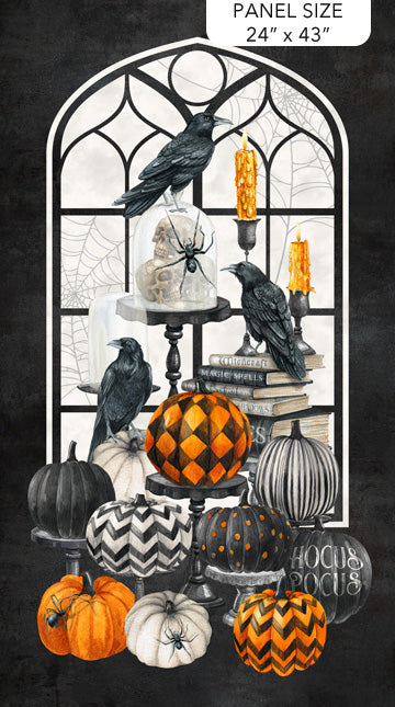 Halloween-themed design with pumpkins, candles, and crows on a black background.
